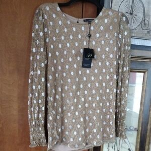 Women's Gold and Silver Polka Dot Top With Long Sheer Sleeves. Originally Priced